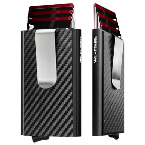 MOSIYEEF Slim Leather Card Holder RFID Wallet for Men - Minimalist Pop Up Men Wallet with Money Clip-wrapped Compact Carbon Fiber Wallet for 6 Credit Cards - Gifts for Him