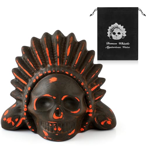 Aztec Death Whistle Scream Silbato Azteca with Gift Bag Necklace Cord Loudest up to 125 Decibels Authentic Human Sounding Aztec War Whistle for Horror Novelty Gift Party SuppliesFeather Skull