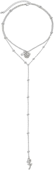 Rose Pendant Necklace for Women Dainty Long Necklace 14k Gold Plated/Silver Y-Shaped Tassels Pendant Necklace Trendy Jewelry Gift
