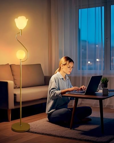 Lightdot Gold Floor Lamp, Mid Century Standing Lamps with 1 Globe & 1 Flower Soft Warm White Eye Care 3000K Bulbs Included, Modern Tall Lamp for Living Room Bedroom