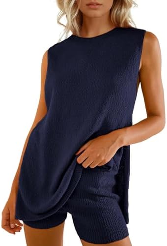 Wyeysyt 2 Piece Sets for Women Summer, Sweater Set Sleeveless Tunic Top and Shorts Beach Vacation Sets Tracksuits