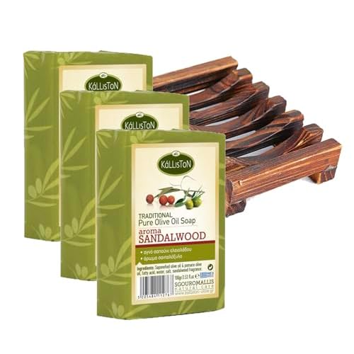 Kalliston, Sandalwood Soap made with Extra Virgin Olive Oil, Sandalwood Extract, All Natural for Smooth Skin, Hypoallergenic, Cruelty Free, Crafted in Ancient Crete, Greece, Pack of 4