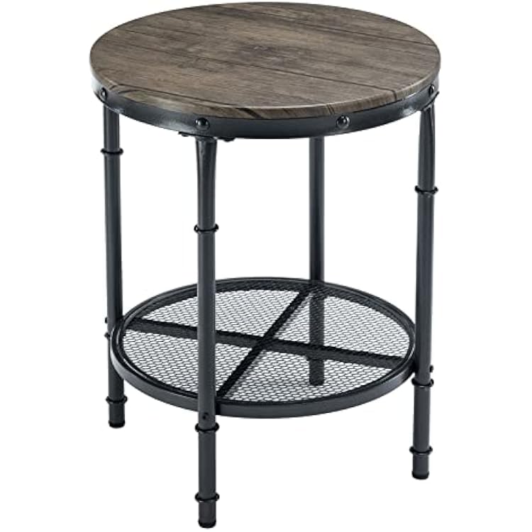 VINGLI 20 Side Table, Round End Tables Living Room, Industrial Small End Table with Metal Mesh, Rustic Farmhouse Side Tables for Bedroom, Office, Corner, Walnut