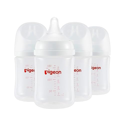 Pigeon PP Nursing Bottle Wide Neck, Anti-Colic, Streamlined Body, Natural Feel, Easy to Clean, 5 Oz Pack of 4, Includes 4pcs SS Nipples 0m