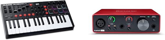 M-Audio Oxygen Pro Mini – 32 Key USB MIDI Keyboard Controller With Beat Pads & Faders and Software Suite Included & Focusrite Scarlett Solo 3rd Gen USB Audio Interface, Studio Quality Sound