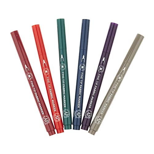 Fine Tip Fabric Marker Set of 6 Colors | Water Resistant Ink, No Steam or Iron Needed | Non Toxic Fabric Pens for Drawing, Quilt Labels, and Clothing Projects, Orange, Blue, Green, Grey, Red, Purple