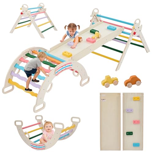NEWBULIG Pikler Triangle Set, Montessori Wooden Kids Climbing Frame, Indoor Outdoor Jungle Gym with Climbing Net & Ramp, Playground Jungle Gym for Toddlers, Stable Anti-Slip Design