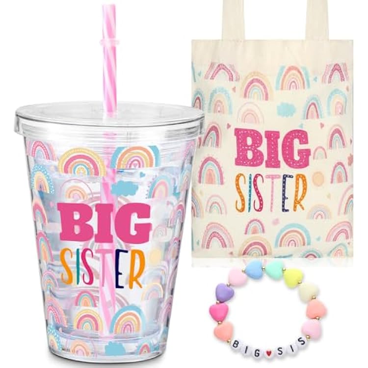 3 Pcs Big Sister Gift for Girls 12 oz Pink Big Sister Cup Insulated Acrylic Tumbler with Leakproof Lid and Straw Canvas Tote Bag Bracelet for Little Girls Age 2-8