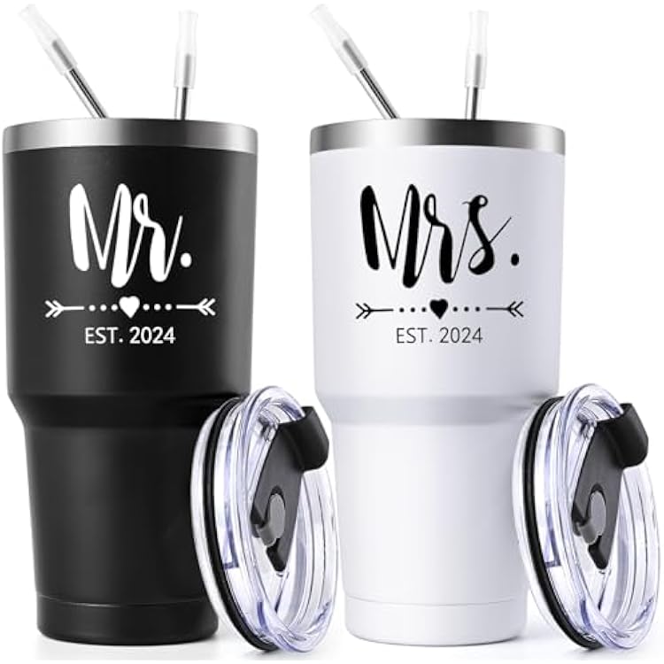 Gtmileo Mr & Mrs EST 2024 Stainless Steel Insulated Tumbler Set, Bride & Groom Wedding Gifts 30oz, Black & White