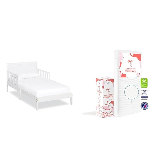 Dream On Me 648-WHT Brookside Toddler Bed, 53lx29bx28h inches, White & Baby Fairy 5 Foam Crib & Toddler Bed Mattress in a Box, White I Greenguard Gold Certified I JPMA Certified