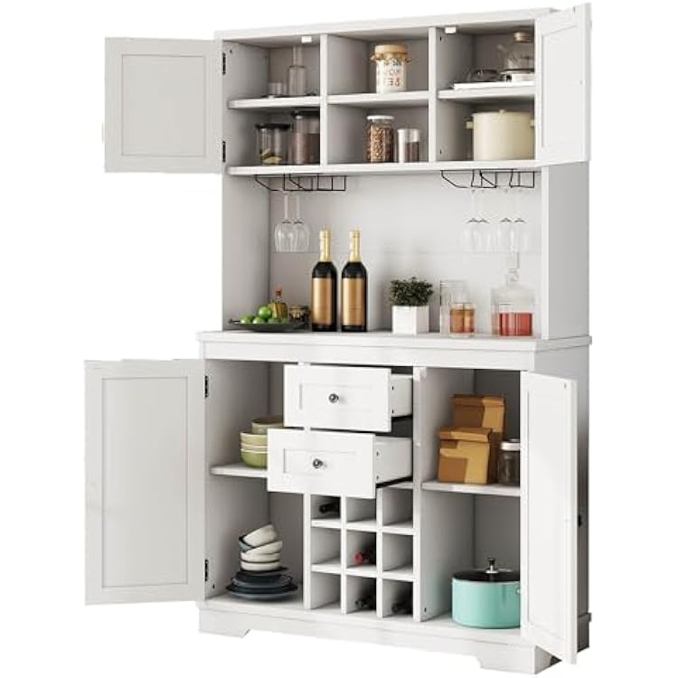 74 Kitchen Pantry Storage Cabinets, Modern Food Cabinets with Drawers and Shelves, Buffet Cabinet with Hook, Coffee Bar Cabinet with 9-Compartment Bottle Rack for Dining Room, Kitchen, White
