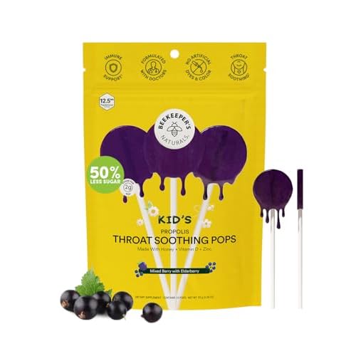 Beekeepers Naturals Kids Throat Soothing Lollipops, Mixed Berry & Elderberry Doctor Formulated Immune Support, Vitamin D & Honey, 15 ct