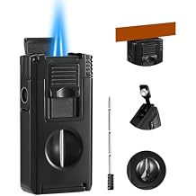 All in One Jet Flame Butane Torch Lighter Built-in Cutter V Cut, Punch, Holder Function, Draw Enhancer Tool, Refillable and Adjustable Windproof Gas Lighter, Black (Sold Without Gas)