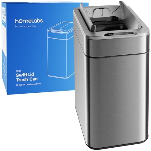 hOmeLabs - 13 Gallon Kitchen Trash Can - Retractable Automatic Sensor Butterfly Lid, Space-Saving Design, Easy to Clean, Battery-Operated with Batteries Included - Stainless Steel