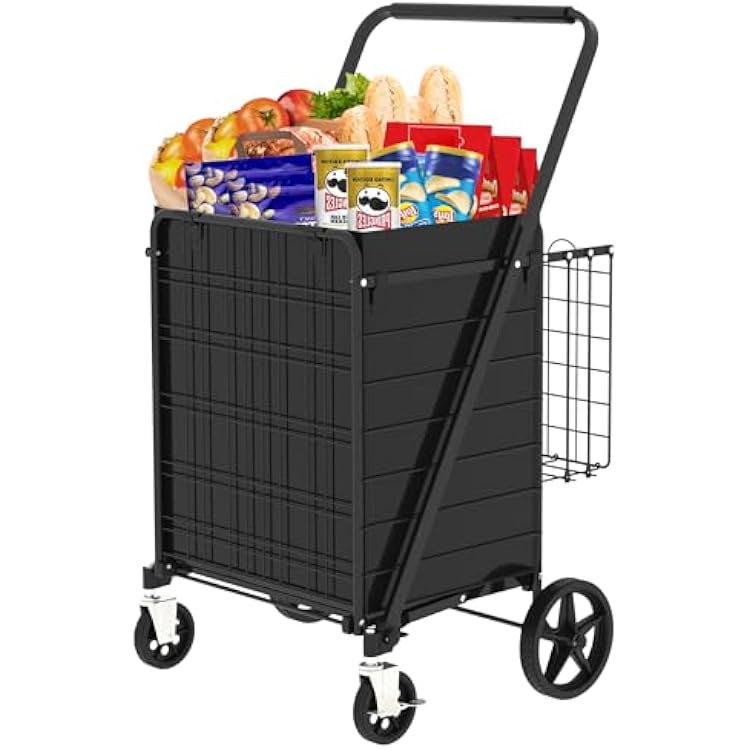 Foldable Shopping Cart with Brake: Heavy Duty Grocery Cart on Wheels - 360 Swivel Wheels & Double Basket for Elderly Urban Shopping & Home Use
