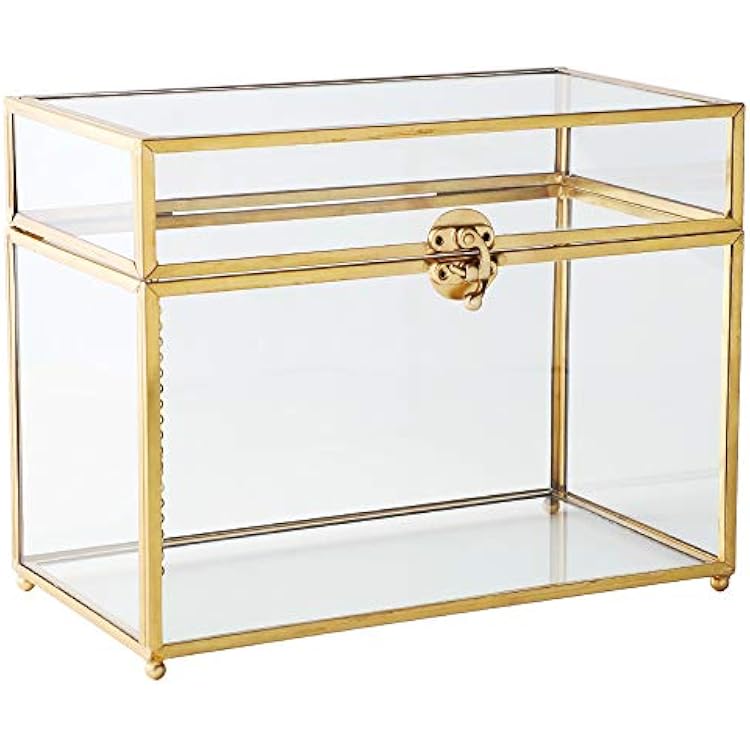 Purzest Glass Card Box, Large Geometric Terrarium Gold Handmade Brass Vintage Rectangle Shape with Foot for Wedding Receiption, Wishwell, Keepsake Centerpiece, Sturdy, Glass Box Only
