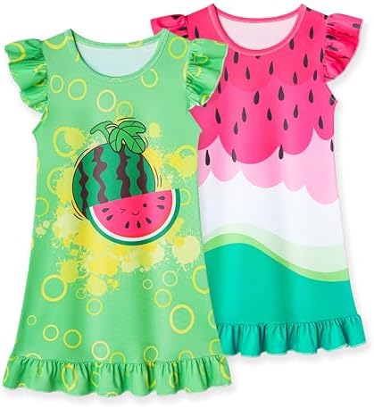 LQSZ 2Pcs Girls Nightgowns 3-10 Years Flutter Short Sleeves Nightdress Nightie Dress Sleepwear Pajamas for Little Girls