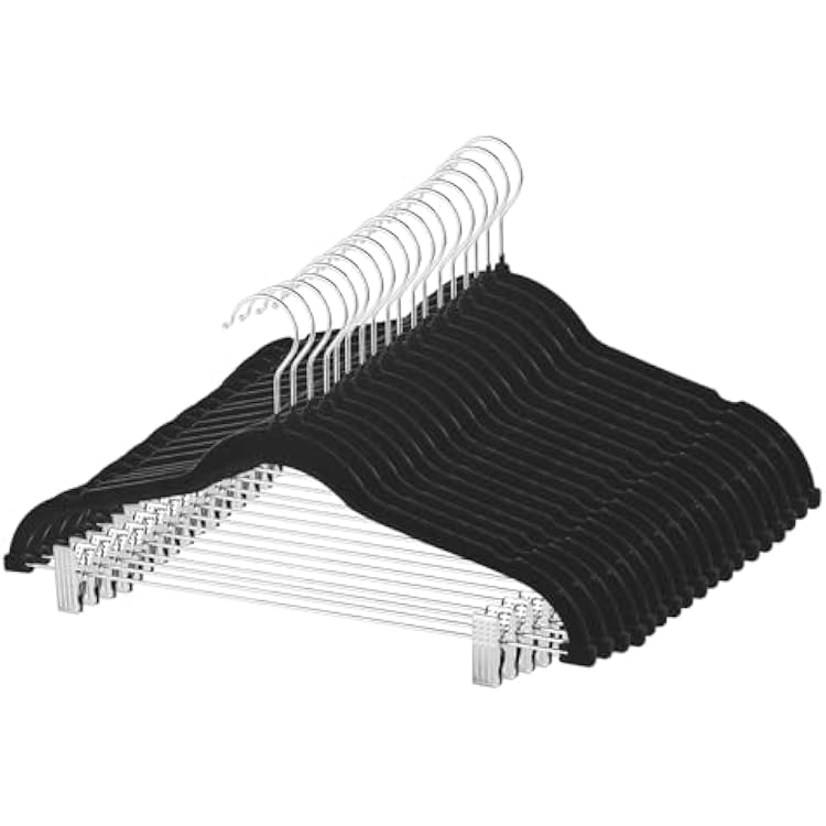 Velvet Pants Skirt Hangers with Clips - Pack of 20 Black Shirt Clothes Felt Non Slip Heavy Duty Slim Hanger Set for Skirts Pant Suit Shorts Women Dress,Space Saving with Two Metal Clip