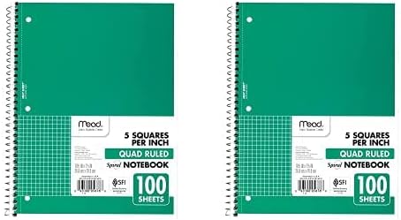Mead Spiral Notebook, 1 Subject, Quad Ruled Paper, 100 Sheets, 10-1/2" x 7-1/2", Color Selected For You, 1 Count (05676) (Pack of 2)