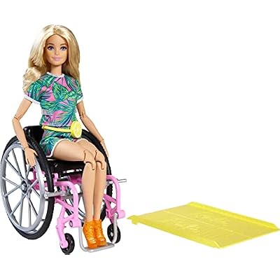 Barbie Fashionistas Doll #165 with Wheelchair & Ramp, Wavy Blonde Hair & Tropical-Print Outfit with Accessories
