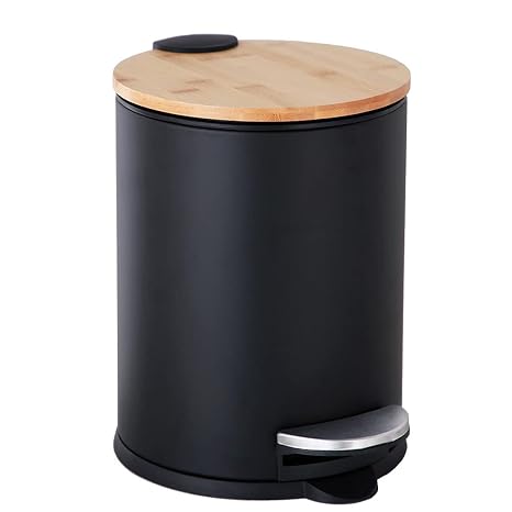 SIDIANBAN Mini Trash Can with Bamboo Lid Soft Close and Foot Pedal | 0.8Gal / 3L Tiny Round Trash Can with Removable Plastic Inner Wastebasket for Bathroom, Bedroom, Office, Desk, Car, Black
