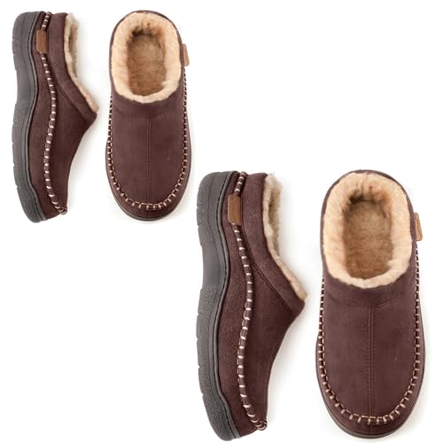 Zigzagger All Size for Family Set of 2 Pairs Size 11-12&10.5,Mens Slip On Moccasin Slippers, IndoorOutdoor Warm Fuzzy Comfy House Shoes, Fluffy Wide Loafer Slippers,Coffee