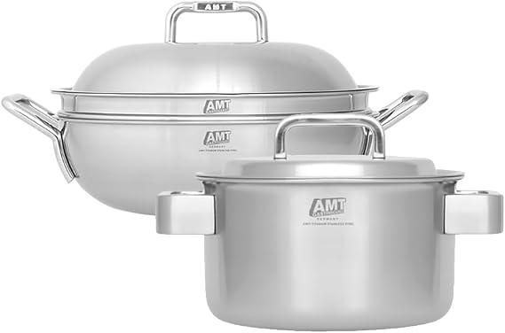 Dongwon Metal 316TI 5 Layers stainless steel Nonstick Party Wok With Lid 11" and Double Hand Pot with lid 9.5" for Stir-fry dish or a Soup Pot