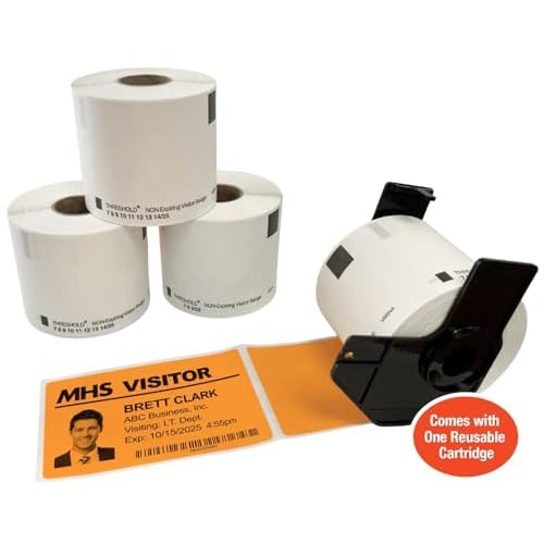 Threshold 4-Inch Visitor Badges on a Roll | 4 Rolls 1,000 Badges Compatible with Brother Direct Thermal Printers | Name Tag Stickers | Hospital, Office & Secretary Supplies | Visiting Badge Orange