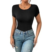 UOOZEE Women's Lace Trim Basic Tees Soft Ribbed Knit Fitted T Shirts Short Sleeve Summer Tops
