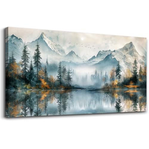 MHARTK66 Canvas Wall Art For Bedroom Framed Decorations For Living Room Modern Office Wall Decor Lake View Painting Forest Tree Landscape Wall Pictures Canvas Artworks Ready To Hang Home Decor