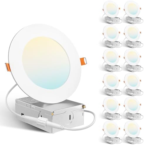 Amico 12 Pack 4 Inch 5CCT Ultra-Thin LED Recessed Dimmable Ceiling Light with Junction Box, 2700K3000K3500K4000K5000K Selectable, 10W Eqv 60W, 800Lumens, High Brightness Downlight - ETL&FCC