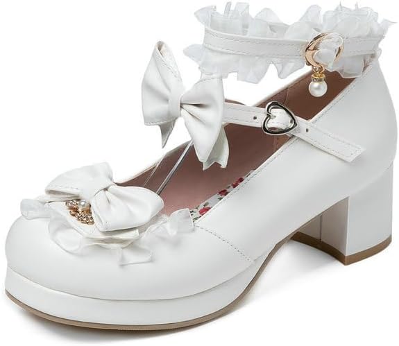 SACFOF Women Cute Lolita Shoes Platform Mary Janes Kawaii Strappy Ankle Strap Sweet Pumps Lace Cross Tied Dress Shoes