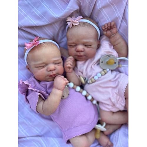 Twins Reborn Baby Dolls Double Girls 18 inch Realistic Baby Dolls Vinyl Full Body Girl Twins Sleeping Life Size Baby Dolls Lovely Babies with Pacifier Chain for Kids 3