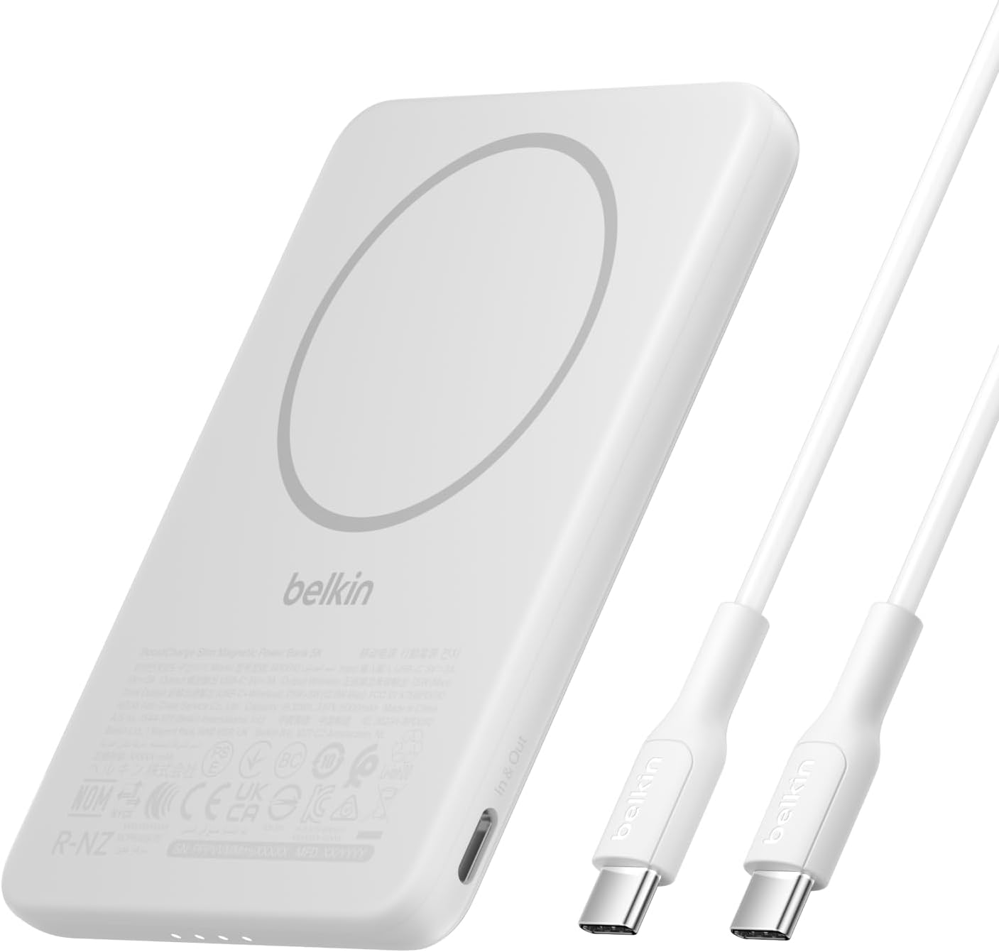 Belkin BoostCharge Manyetik Power Bank 5000 mAh, Manyetik Halka ve USB-C Porta Sahip İnce Taşınabilir Şarj, iPhone, Galaxy, Pixelsnap, iPad ve Tablet için Batarya Paketi, USB-C Kablo Dahil, Beyaz