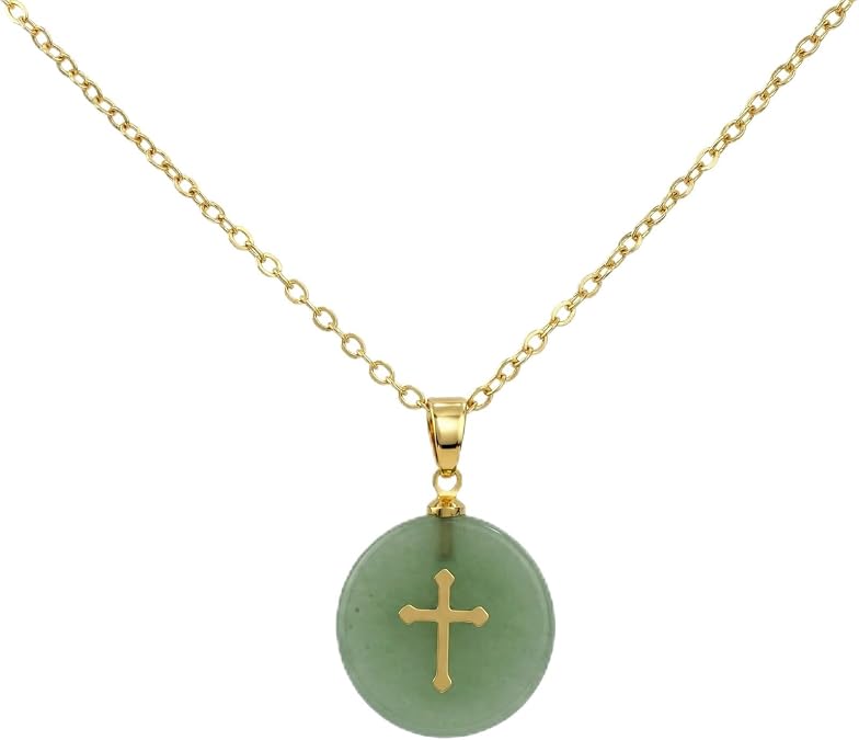 Cross Necklace for Women, Natural Green Jade Necklace Spiritual Jewelry, Dainty Healing Crystal Pendant Protection Necklace