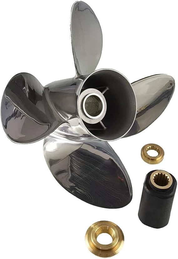 Xspeed Stainless Steel 3 Blades/4 Blades Outboard Propeller with Interchangeable Hub Kits for 4-1/4" Gearcase Tohatsu Engine 60-140hp,15 Spline Tooth,RH/LH