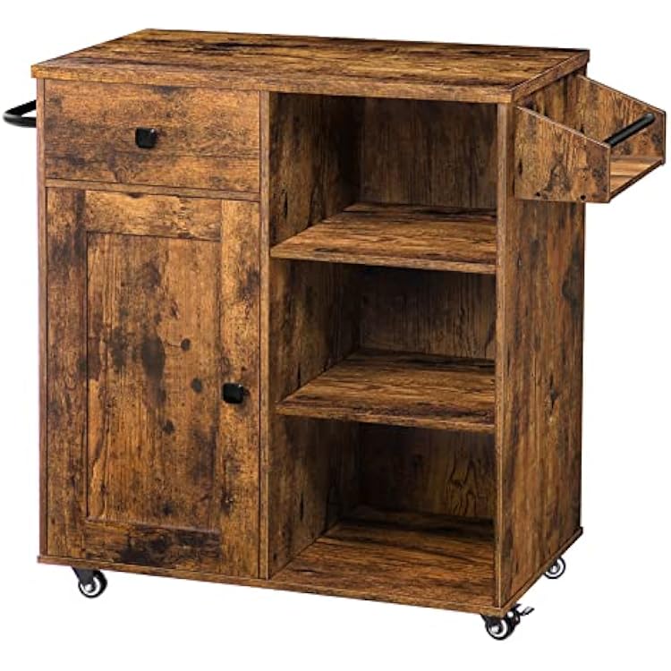 HOOBRO Kitchen Island, Storage Cabinet with Drawer, Kitchen Cart with Spice and Towel Rack, Saving Space, Easy Assembly, for Living Room, Rustic Brown BF12ZD01