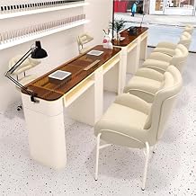 Beige Nail Tech Desks & Chairs (Dust Collector)(Brown Tempered Glass Top)(Drawers for Storage), Manicure Table Includes Light Luxury and Elegant Style, 62.99IN