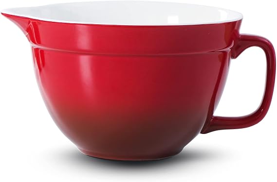 Lareina Reinforced Ceramic Batter Bowl with Handle and Pour Spout, 2.5 QT Handy Mixing Bowl for Making Cakes, Pouring and Storing Pancake, Waffle, Ideal Gift, Red