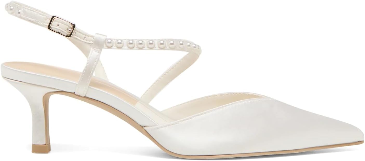 Kitten Heels Pointed Toe Heels for Women Ankle Strap Sandals with Pearl Slip On Shoes Casual Wedding Party Dressy