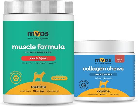 MYOS Canine Muscle & Joint Support Bundle Fortetropin Powder with Green Lipped Mussel (396g) + Bacon-Flavored Mobility Chews with Collagen & Glucosamine (60 Count)