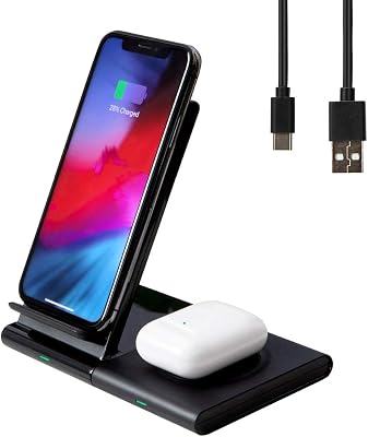 Wireless Charger, Fast Wireless Charging Stand, 2-in-1 Wireless Charging Station Dock for iPhone 14131211ProMasXRAirPods2, Samsung Galaxy NoteWatchBuds