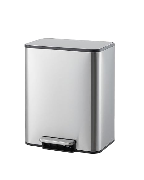 Fashionwu Soft-Close Pedal Stainless Steel Trash Can Rectangular Garbage Bin with Removable Inner Bucket, Lid, Space-Saving for Kitchen, Bathroom, Office, 3.4 Gallon/13L, Silver, 29.52638cm, 13L