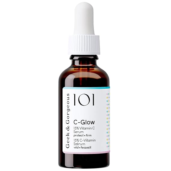 Geek & Gorgeous - C-Glow - lightweight, water-like 15% Vitamin C + Ferulic acid & Vitamin E Serum, protects against environmental damage, boosts collagen & evens skin tone - all skin types, 1 oz