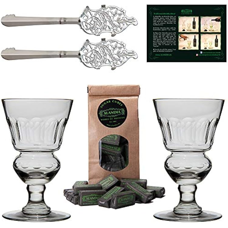 ALANDIA Premium Absinthe Spoons Glasses Set | The Original | 2x Reservoir Glasses | 2x Stainless Steel Spoons | 1x Sugar Cubes | 1x Instructions card