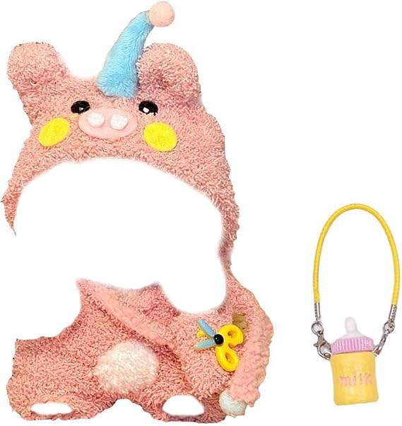 Doll Clothes Outfit Set for 17cm Dolls Fashion Pig Headdress Overalls with Scissors Water Bottle Accessories, Chic Cute Doll Clothing Bundle (Pink)