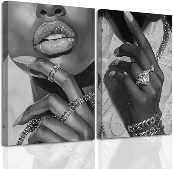 BJYCHG 2Pcs Fashion Black Woman Wall Art African American Women Poster Pictures Funky Trendy Sexy Lips Canvas Prints Girl Room Bedroom Decor Framed (Black and White, (11x14inx2 Pieces))
