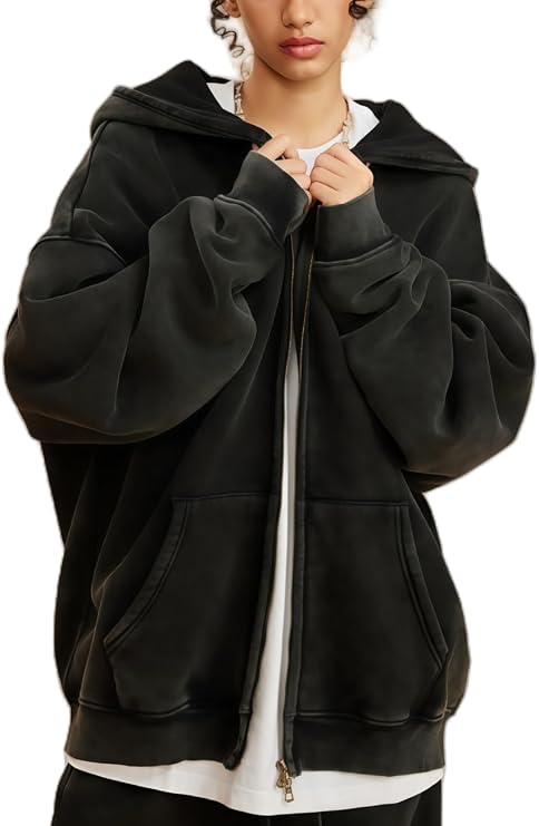 TOPG Oversized Zip Up Hoodie for Women Acid Wash Zip Up Hoodies Vintage Baggy Jacket Heavyweight Cottonl Fleece Sweatshirt Black