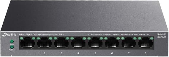 TP-Link LS108GP | 8-Port Gigabit PoE+ Switch | 62W PoE Bütçesi, 250m İletim, Tak ve Çalıştır | Fansız, Sessiz Metal Kasa | IP Kamera & AP Uyumlu Ağ Anahtarı