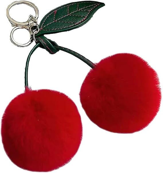 Cute Cherry Faux Fur Pom Pom Keychain, Red, Fluffy Ball, Car Key Ring, Bag Wallet Pendant, Decorative Accessories